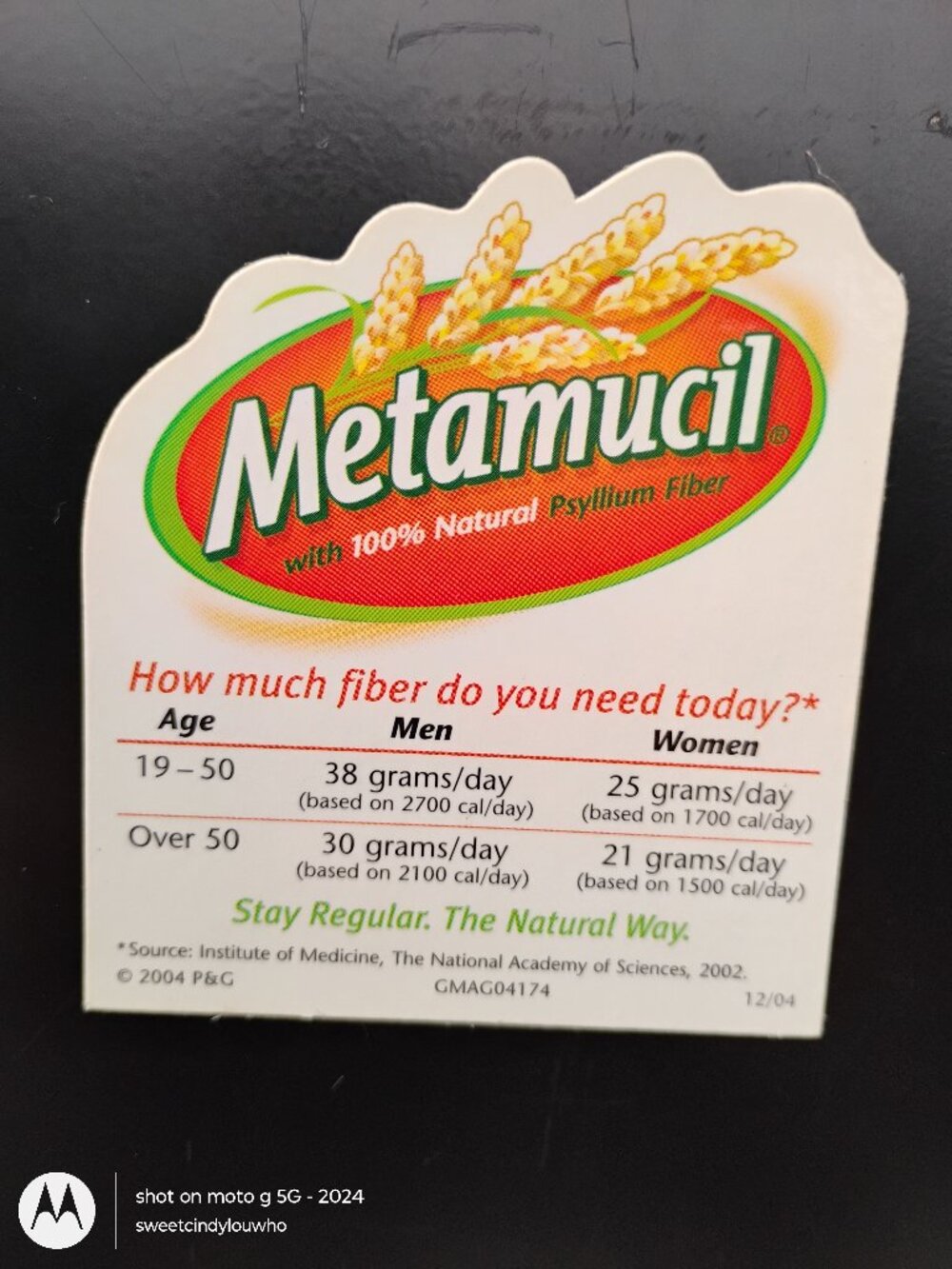 vintage Metamucil dosing chart refrigerator magnet dated 2004 Proctor & Gamble